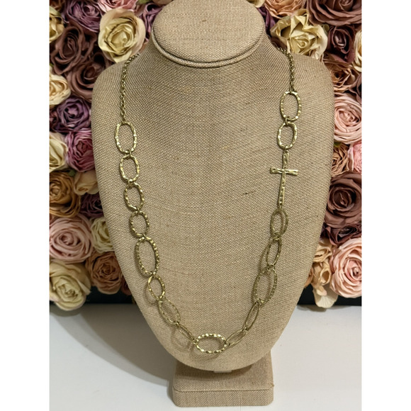 West & Co. Vintage Gold Toned Textured Loop Link Cross Long Necklace 28-39" - Picture 1 of 5